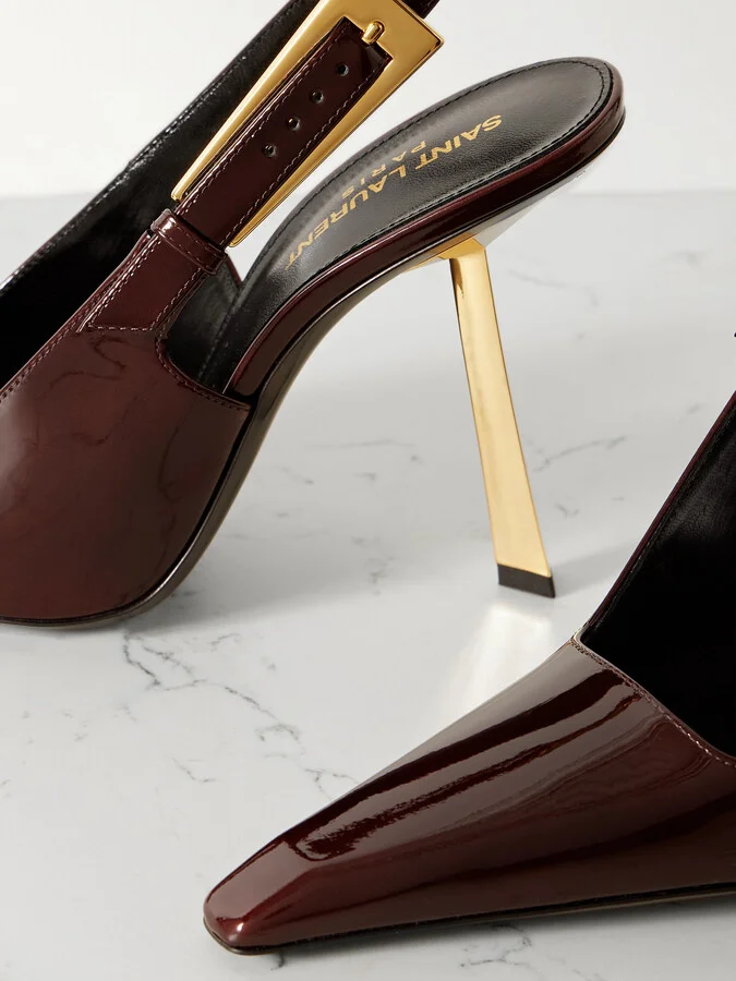 SAINT LAURENT - Lee Embellished Patent-leather Slingback Pumps - Burgundy - Image 4