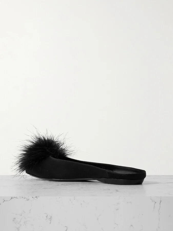 SAINT LAURENT - Lido Feather-trimmed Satin Slippers - Black - Image 3