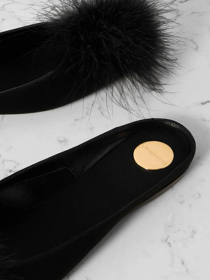 SAINT LAURENT - Lido Feather-trimmed Satin Slippers - Black - Image 4