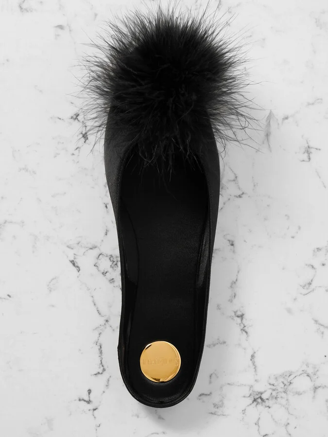 SAINT LAURENT - Lido Feather-trimmed Satin Slippers - Black - Image 5
