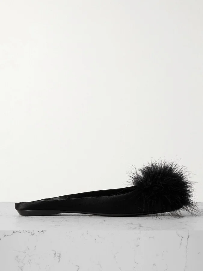SAINT LAURENT - Lido Feather-trimmed Satin Slippers - Black
