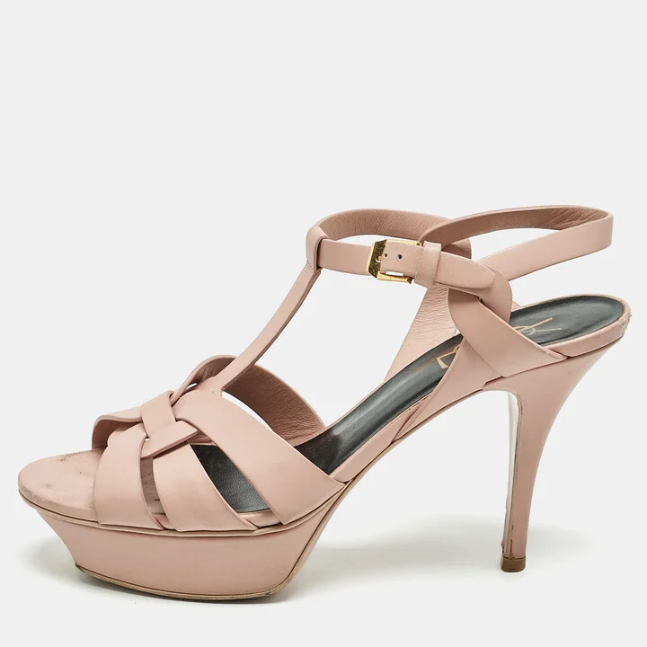 Saint Laurent Light Pink Leather Tribute Ankle Strap Sandals Size 37.5