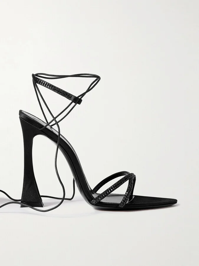 SAINT LAURENT - Liza Crystal-embellished Leather-trimmed Satin Sandals - Black