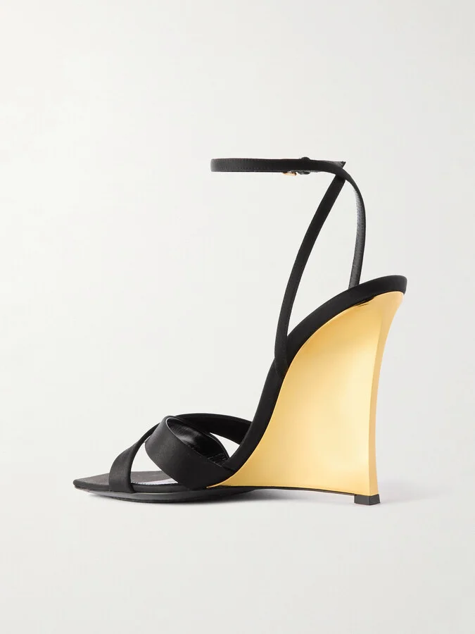 SAINT LAURENT - Lucienne Leather-trimmed Satin Wedge Mules - Black - Image 3