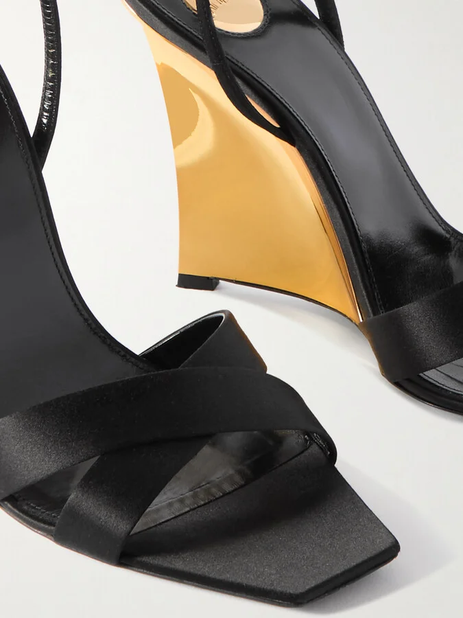 SAINT LAURENT - Lucienne Leather-trimmed Satin Wedge Mules - Black - Image 4