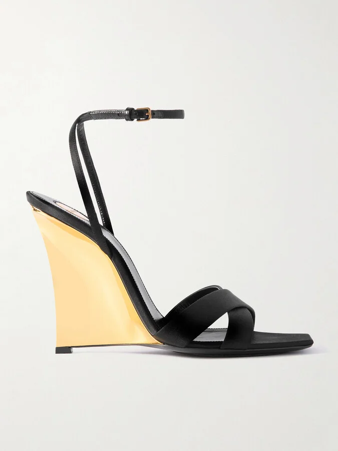 SAINT LAURENT - Lucienne Leather-trimmed Satin Wedge Mules - Black