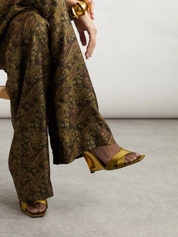 SAINT LAURENT - Lucienne Leather-trimmed Satin Wedge Sandals - Gold - Image 2