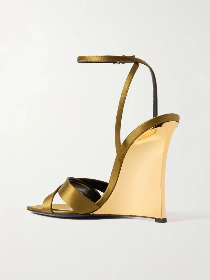 SAINT LAURENT - Lucienne Leather-trimmed Satin Wedge Sandals - Gold - Image 3
