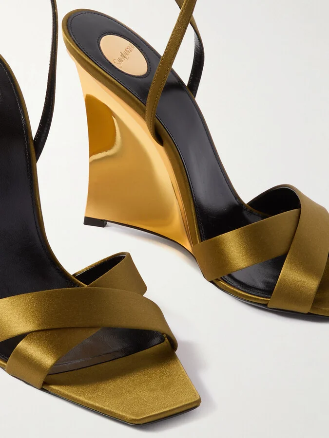 SAINT LAURENT - Lucienne Leather-trimmed Satin Wedge Sandals - Gold - Image 4
