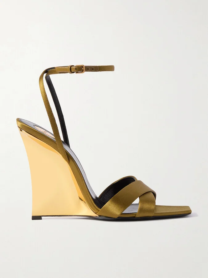 SAINT LAURENT - Lucienne Leather-trimmed Satin Wedge Sandals - Gold