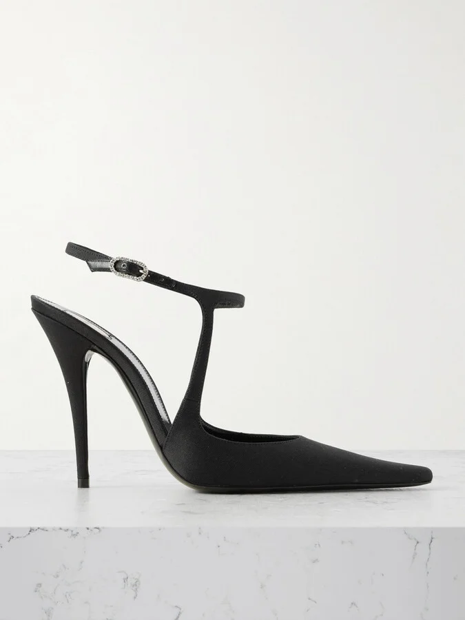 SAINT LAURENT - Manon Crystal-embellished Shantung Point-toe Pumps - Black