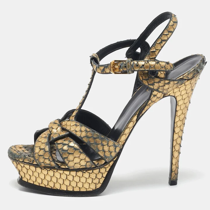 Saint Laurent Metallic Gold Python Embossed Leather Tribute Sandals Size 39.5