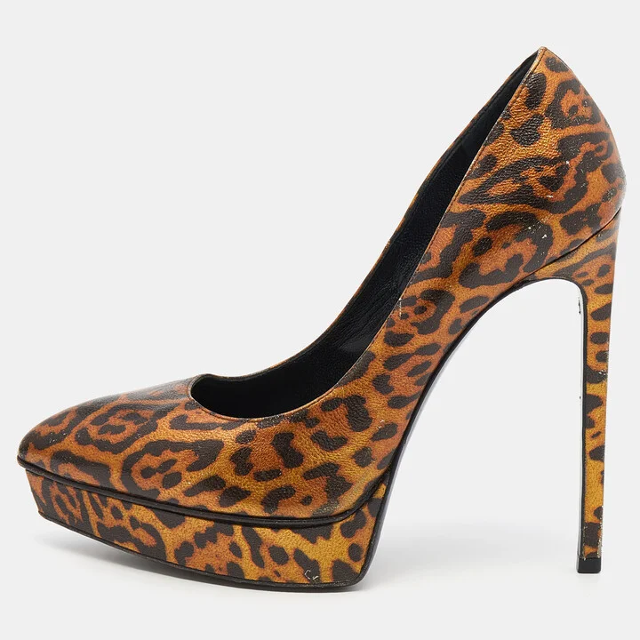 Saint Laurent Metallic Leopard Print Leather Janis Pointed Toe Platform Pumps Size 38