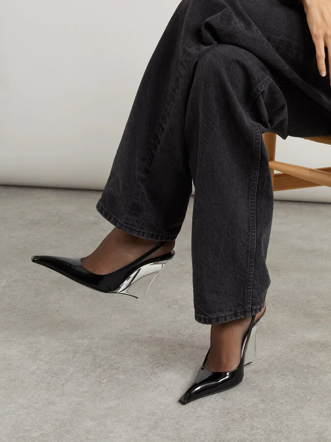 SAINT LAURENT - Miller Patent-leather Slingback Wedge Pumps - Black - Image 2