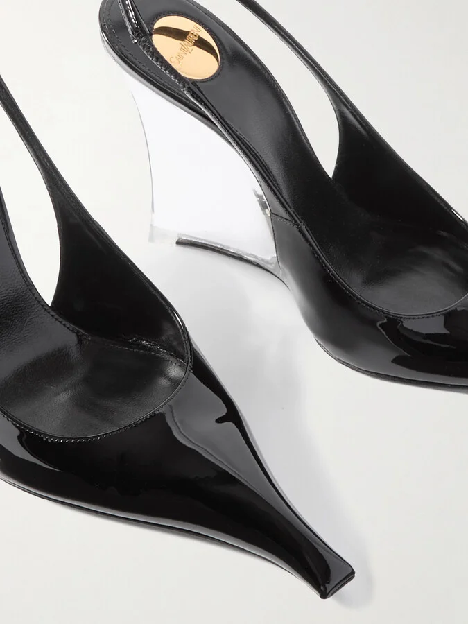 SAINT LAURENT - Miller Patent-leather Slingback Wedge Pumps - Black - Image 4