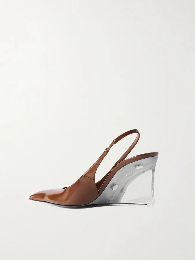 SAINT LAURENT - Miller Patent-leather Slingback Wedge Pumps - Brown - Image 3