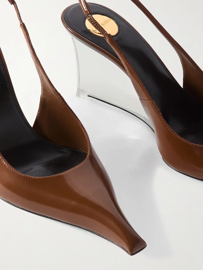 SAINT LAURENT - Miller Patent-leather Slingback Wedge Pumps - Brown - Image 4