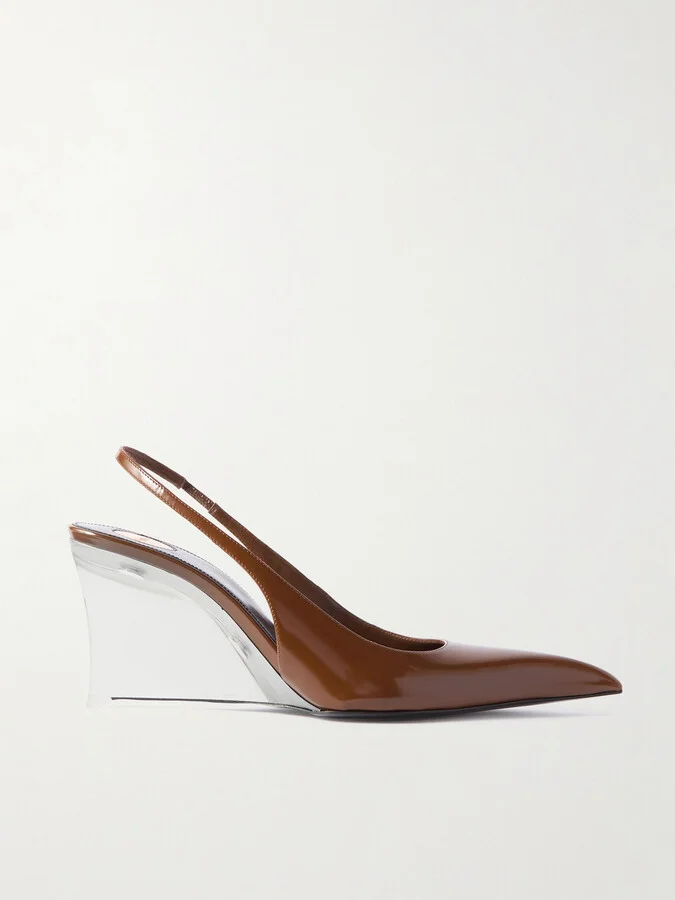 SAINT LAURENT - Miller Patent-leather Slingback Wedge Pumps - Brown