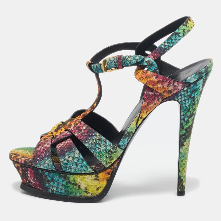 Saint Laurent Multicolor Python Embossed Leather Tribute Sandals Size 39.5