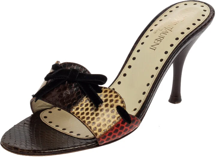 Saint Laurent Multicolor Snakeskin Bow Slide Sandals Size 36