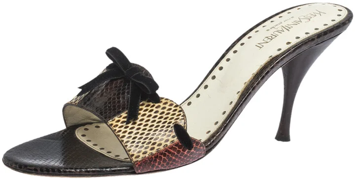 Saint Laurent Multicolor Snakeskin Bow Slide Sandals Size 40.5