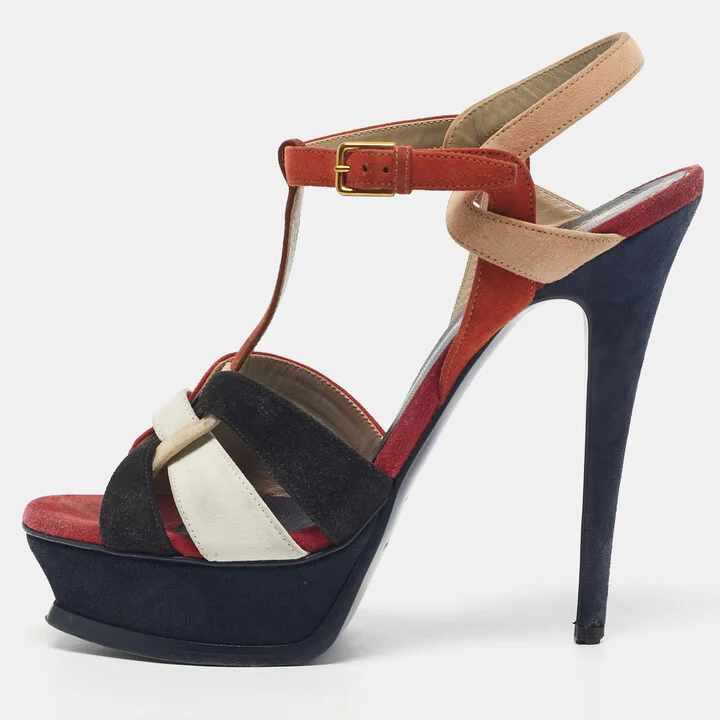 Saint Laurent Multicolor Suede Tribute Ankle Strap Sandals Size 38.5