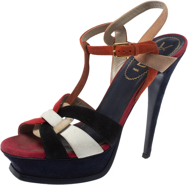 Saint Laurent Multicolor Suede Tribute Platform Sandals Size 40