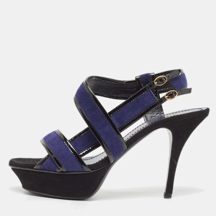 Saint Laurent Navy Blue/Patent Leather Platform Ankle Strap Sandals Size 37.5