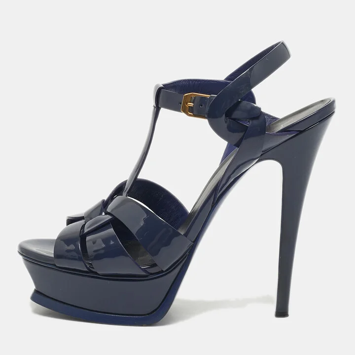 Saint Laurent Navy Blue Patent Leather Tribute Ankle Strap Sandals Size 38