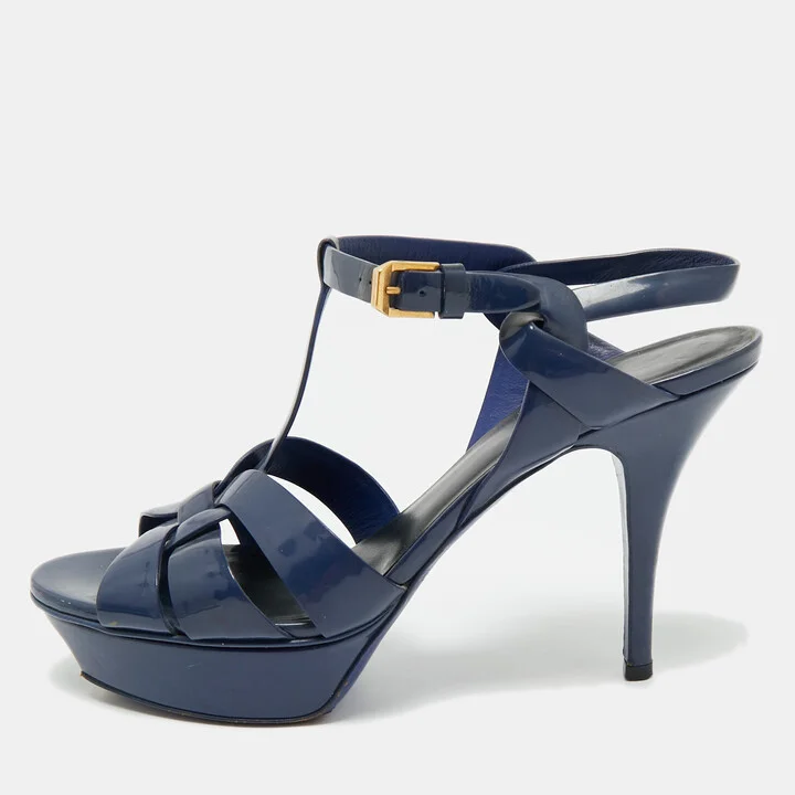 Saint Laurent Navy Blue Patent Leather Tribute Platform Sandals Size 40