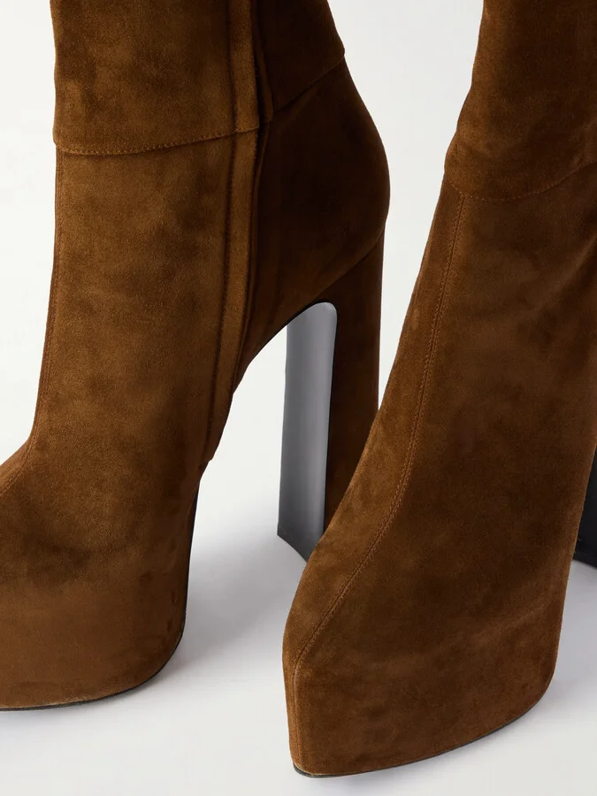 SAINT LAURENT - Nico Buckled Suede Platform Boots - Brown - Image 4