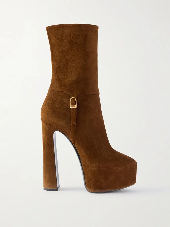 SAINT LAURENT - Nico Buckled Suede Platform Boots - Brown