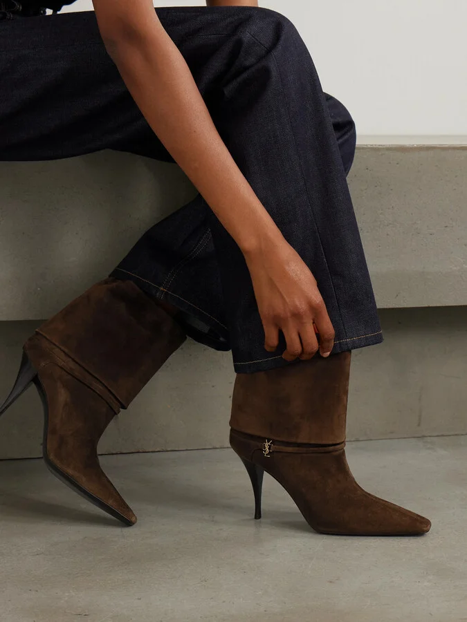 SAINT LAURENT - Niki Embellished Suede Ankle Boots - Brown - Image 2
