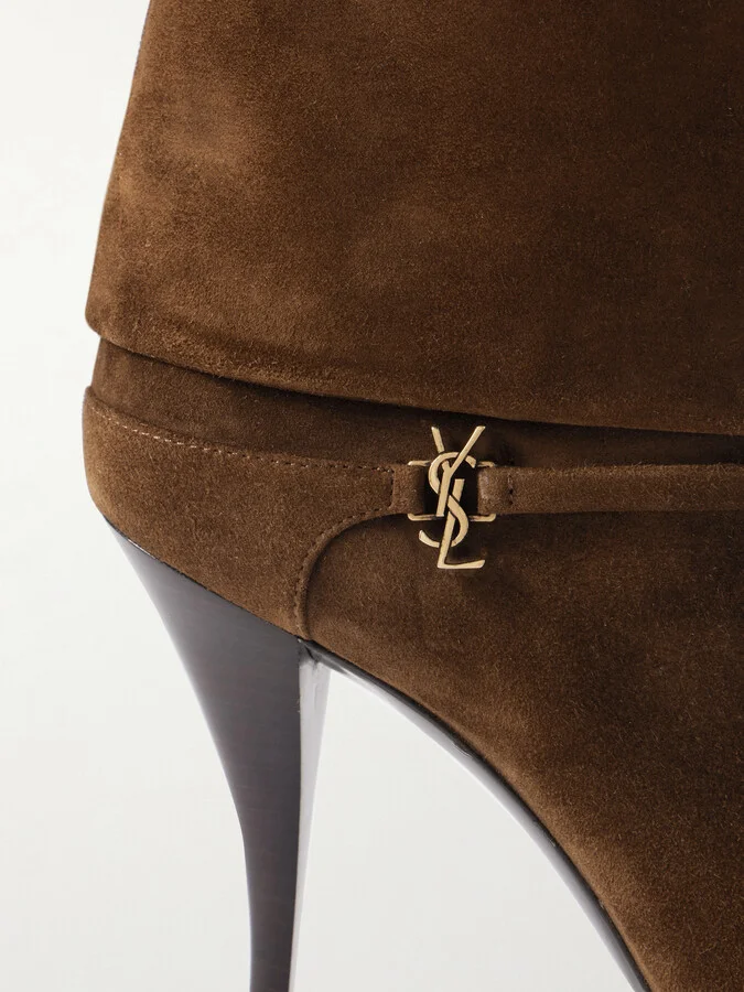 SAINT LAURENT - Niki Embellished Suede Ankle Boots - Brown - Image 4