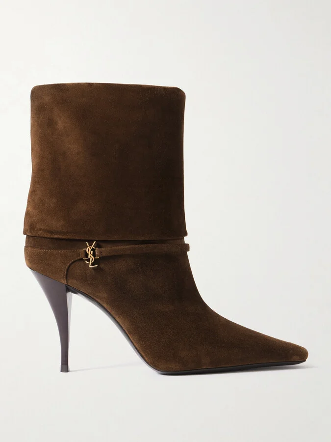 SAINT LAURENT - Niki Embellished Suede Ankle Boots - Brown