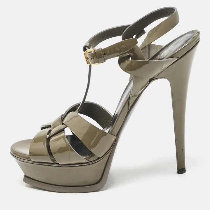 Saint Laurent Olive Green Patent Leather Tribute Platform Sandals Size 38
