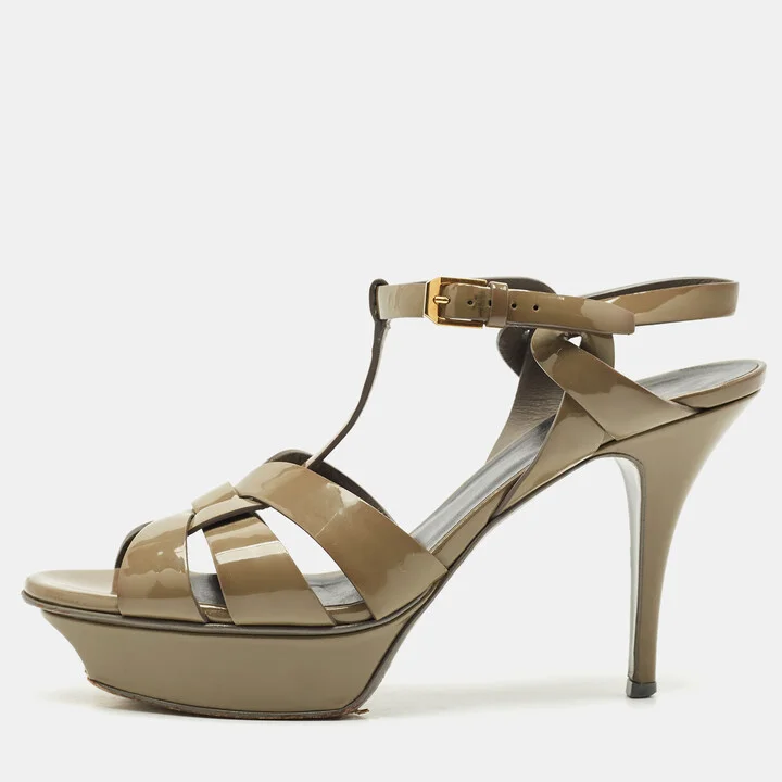 Saint Laurent Olive Green Patent Leather Tribute Platform Sandals Size 39.5