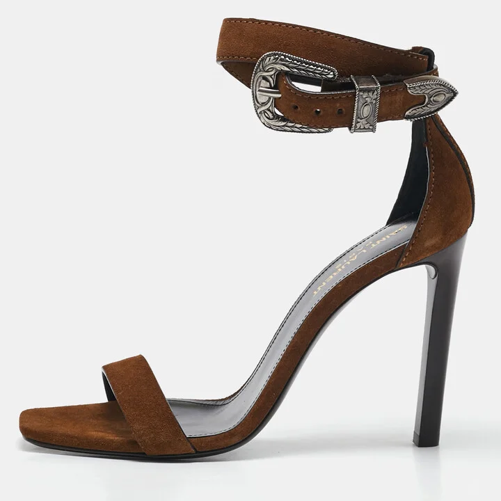 Saint Laurent Olive Green Suede Mica Buckle Western Ankle Strap Sandals Size 38.5