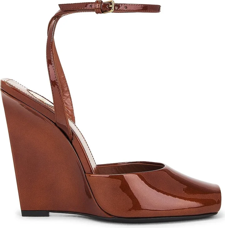 Saint Laurent Orhand Peep Toe Wedge in Cognac,Rust