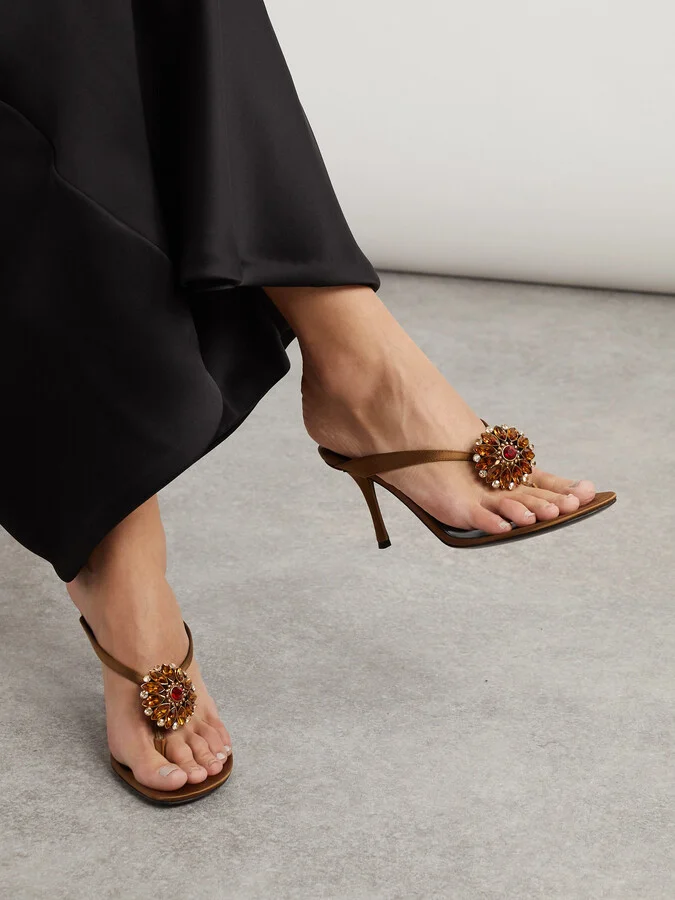 SAINT LAURENT - Otero Crystal-embellished Satin Mules - Brown - Image 2