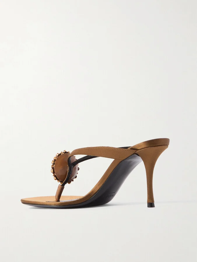 SAINT LAURENT - Otero Crystal-embellished Satin Mules - Brown - Image 3