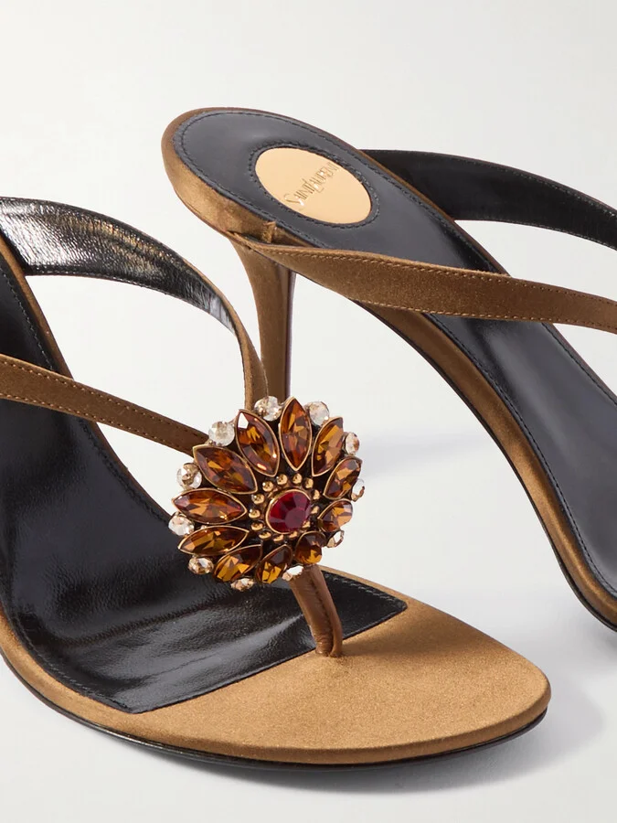 SAINT LAURENT - Otero Crystal-embellished Satin Mules - Brown - Image 4