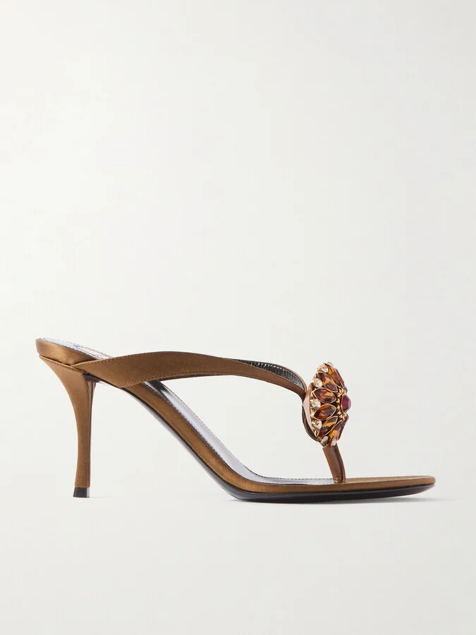 SAINT LAURENT - Otero Crystal-embellished Satin Mules - Brown