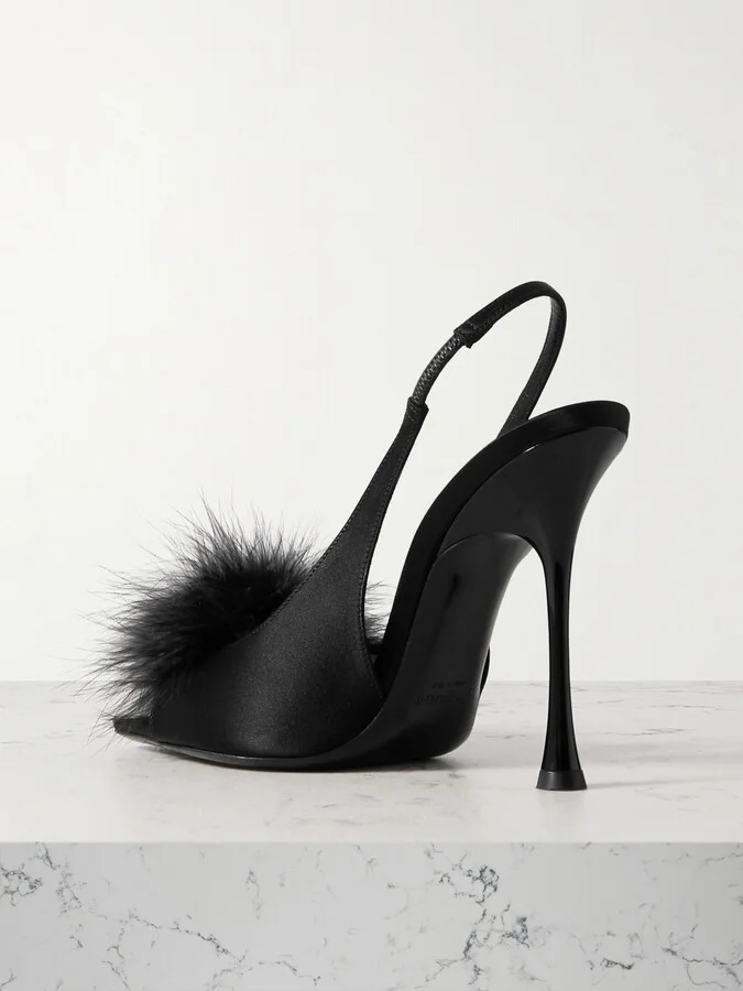 SAINT LAURENT - Paradis Feather-trimmed Satin Slingback Sandals - Black - Image 3