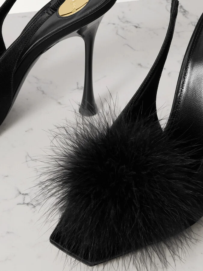 SAINT LAURENT - Paradis Feather-trimmed Satin Slingback Sandals - Black - Image 4