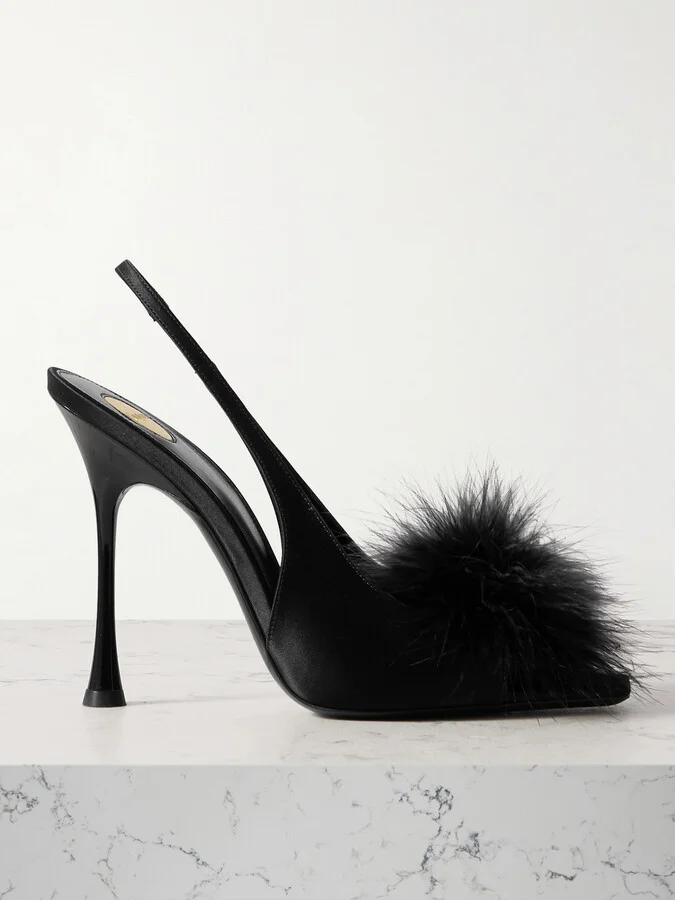 SAINT LAURENT - Paradis Feather-trimmed Satin Slingback Sandals - Black