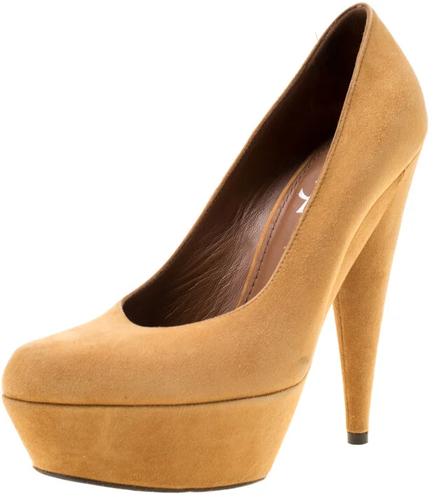 Saint Laurent Paris Beige Camel Suede Aliama Platform Pumps Size 37.5