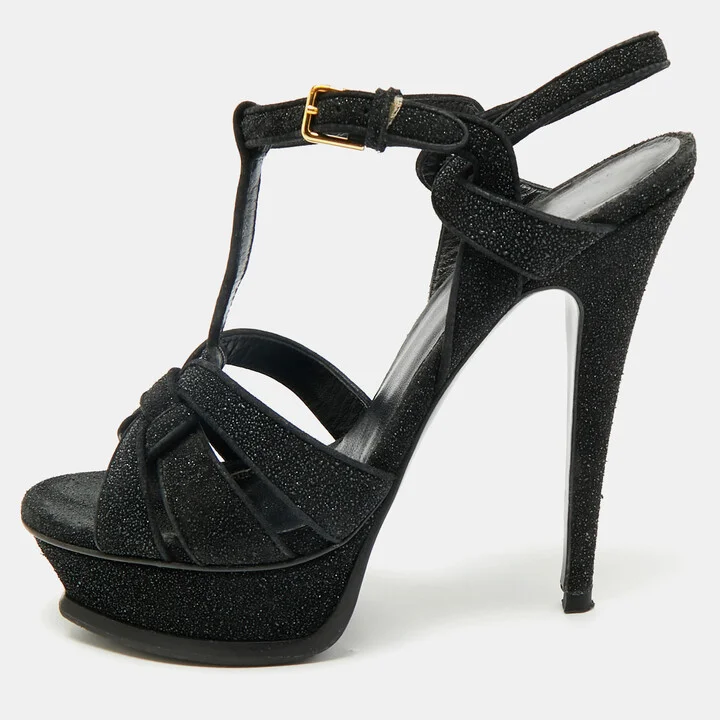 Saint Laurent Paris Black Glitter and Suede Tribute Platform Sandals Size 37.5