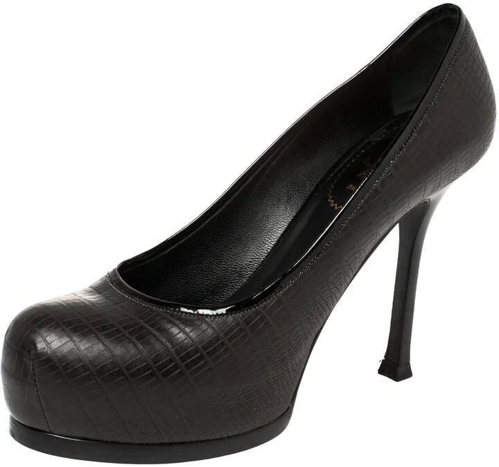 Saint Laurent Paris Black Lizard Embossed Leather Tribtoo Platform Pumps Size 36