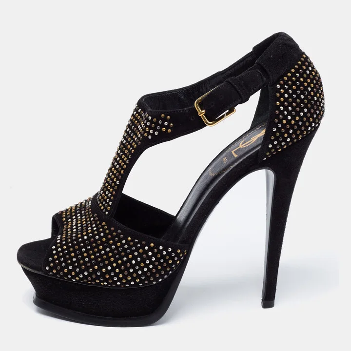 Saint Laurent Paris Black Studded Suede T-Strap Peep Toe Platform Sandals Size 38.5